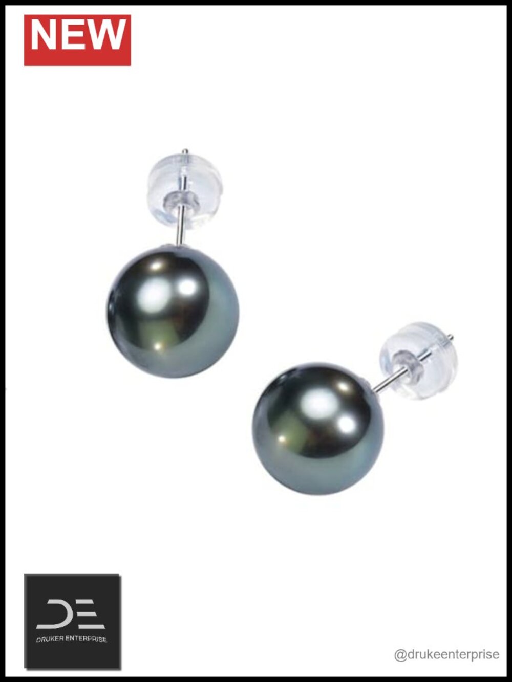 Tahitian Black Pearl Stud Earrings 9-10MM 18K White Gold Plated Sterling Silver